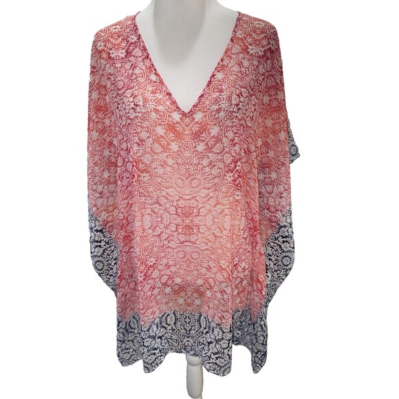 Tommy Bahama Coral Pink Sheer V-Neck Cover-Up Poncho Mandala Paisley Border S - Picture 2 of 7